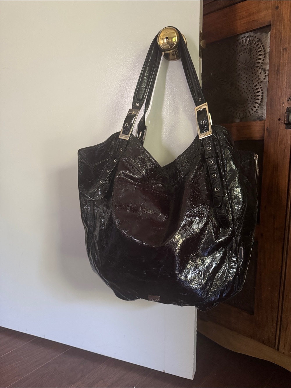 Vintage KOOBA Black Patent Leather Hobo Bag with Buckle Straps and Dust Bag